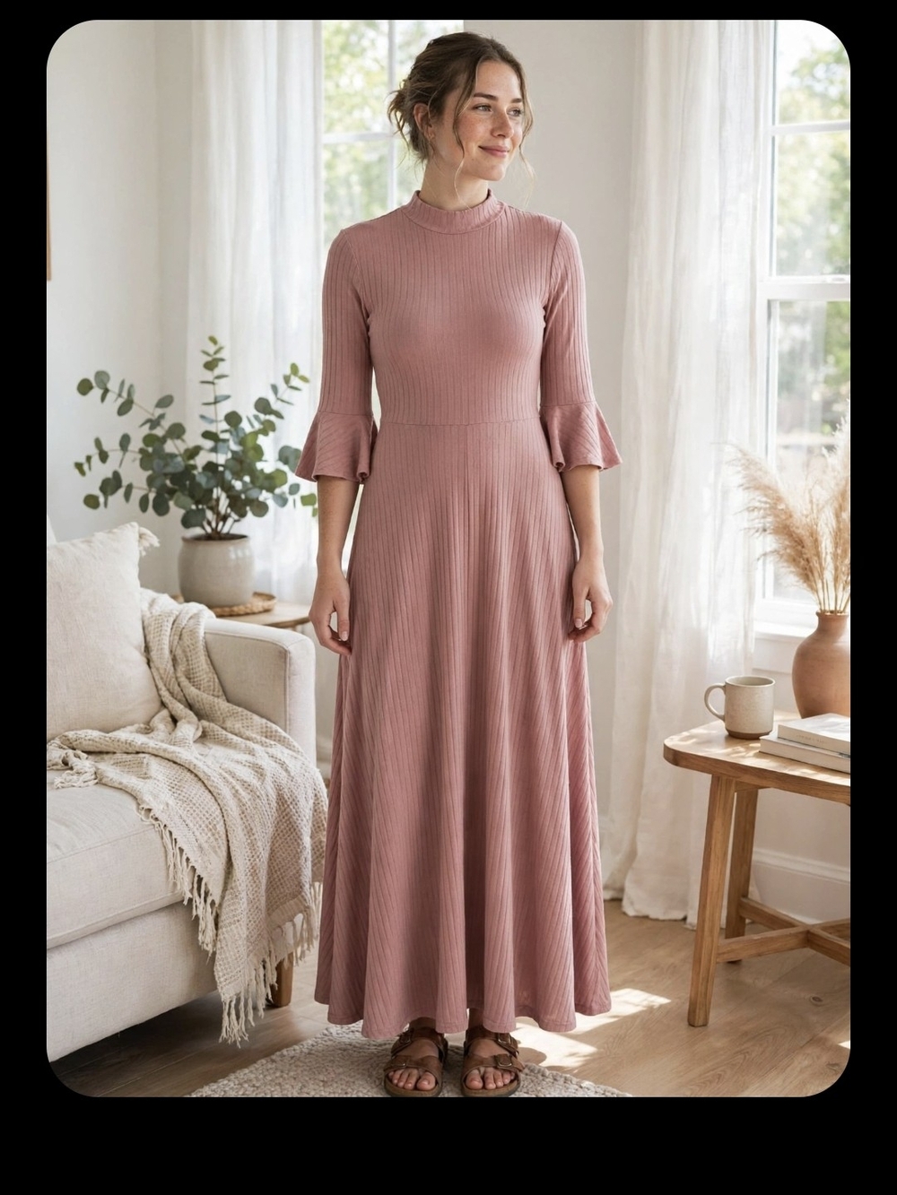 Amazon Essentials Dusty Rose Ribbed Mock-Neck Maxi Dress